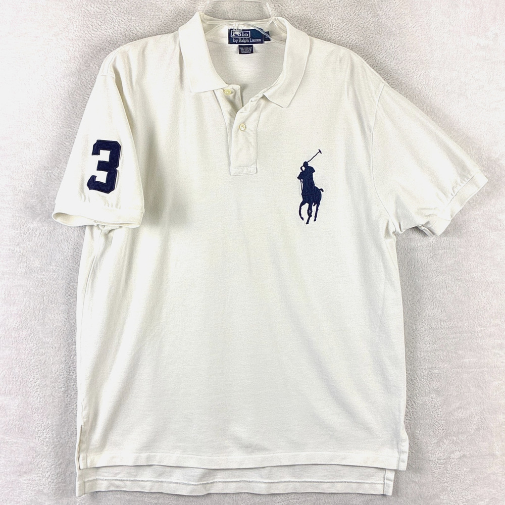 VTG Polo Ralph Lauren Polo Shirt Men L White Embroidered 3 Big Navy Pony Preppy - Picture 2 of 6